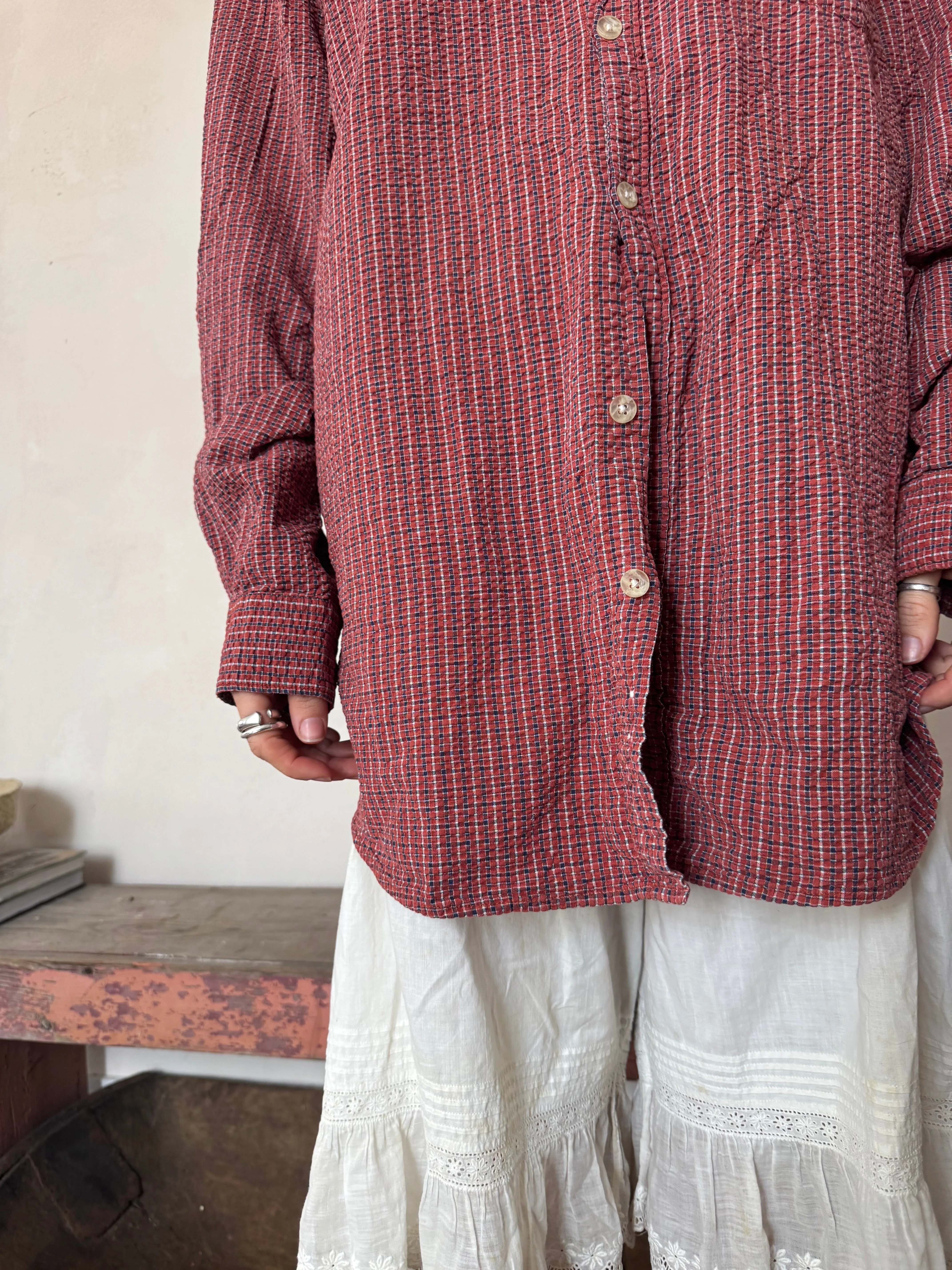 Red   Blue Checker Button Up