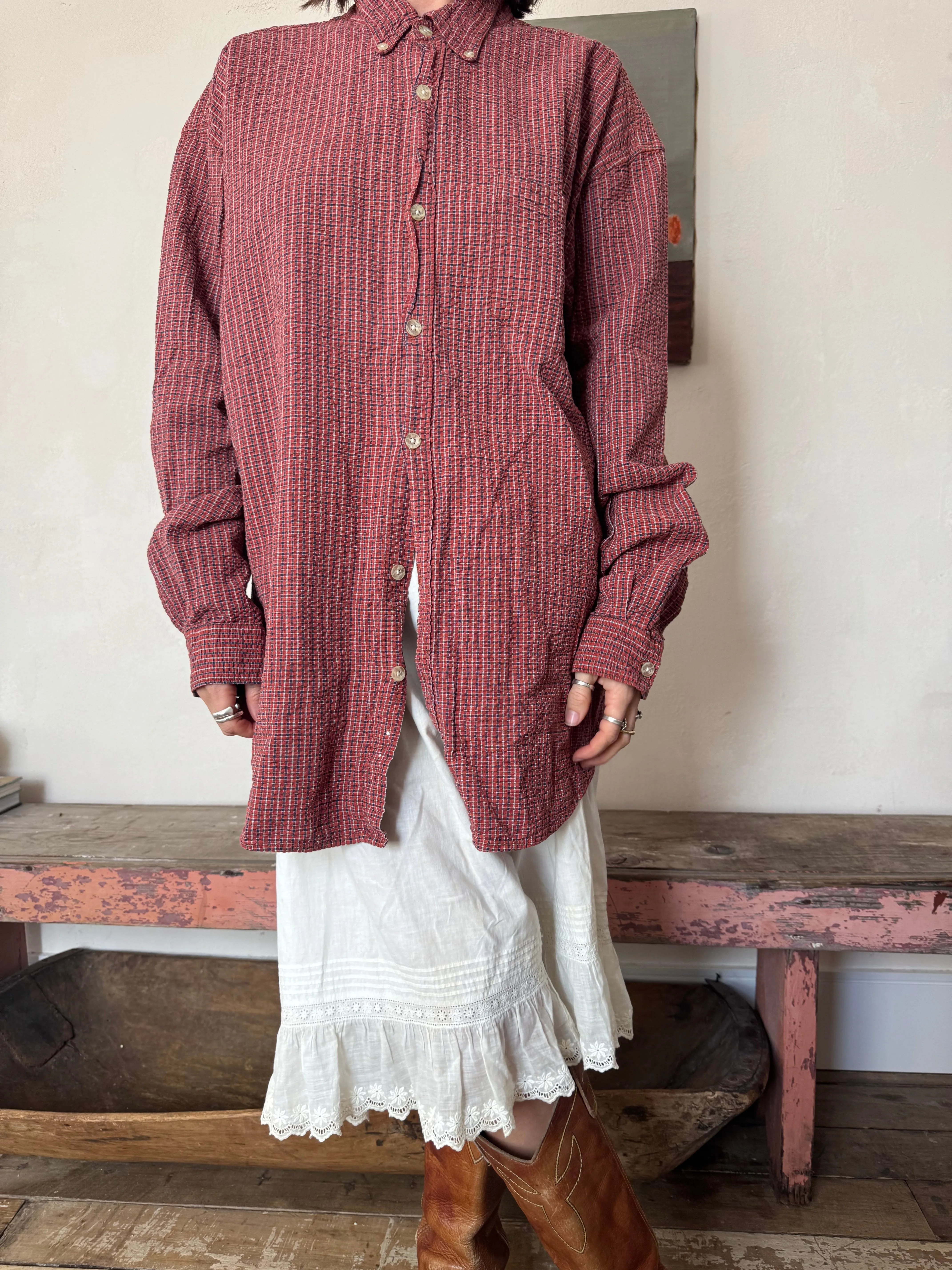 Red   Blue Checker Button Up