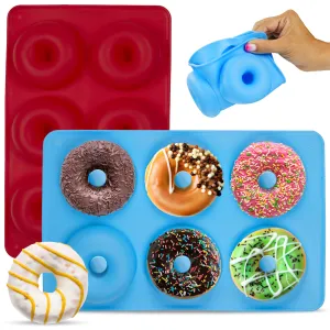 Silicone Donut Molds For Top Of Baking Sheet, 6 Donuts, Set Of 2 (Red, Blue)